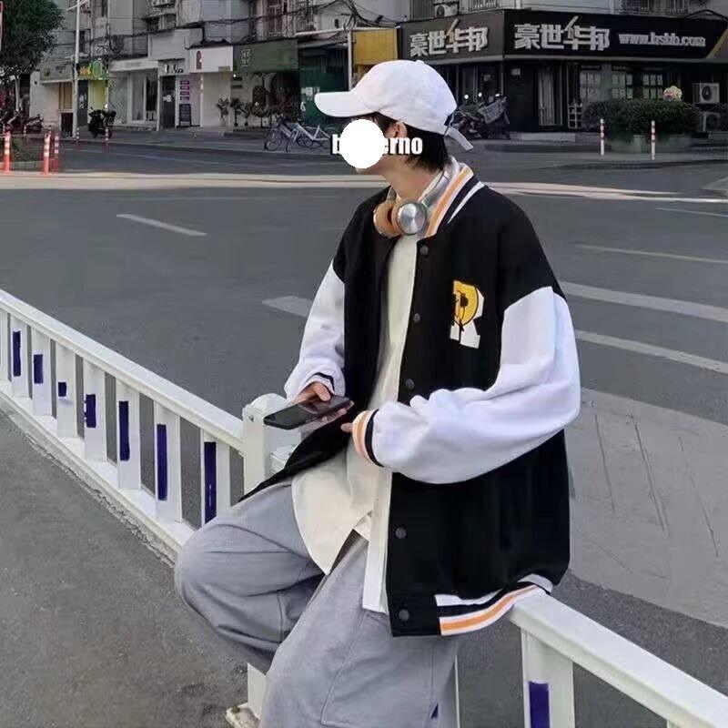 Jacket Men's Baseball Clothing Men's Autumn and Winter Large Size Hong Kong Style Tide Brand Student Loose Versatile Thickened Splicing Jacket Tide
