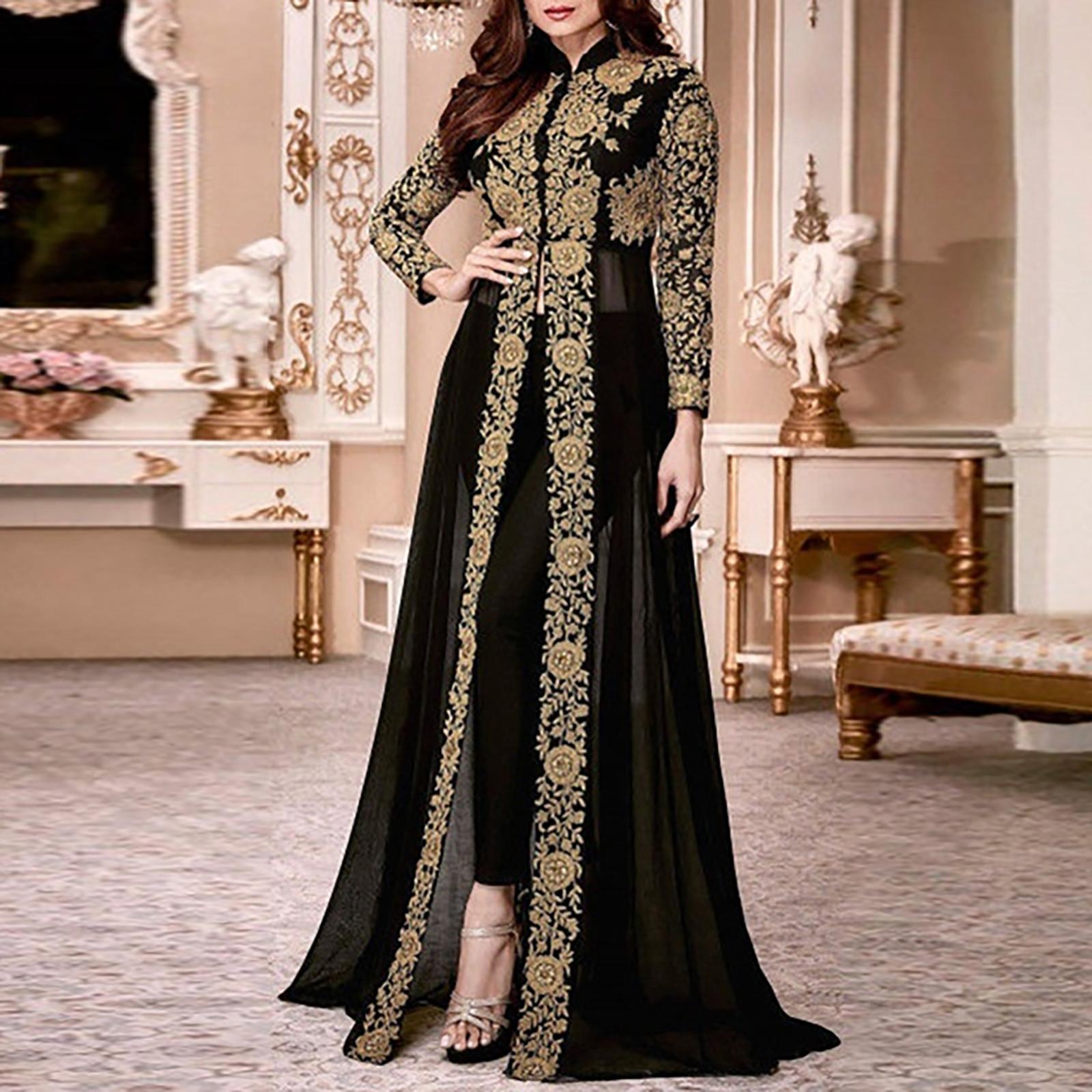 Women s Fashion Standing Neck Lace Chiffon Dress Vintage  Long Sleeve Lace Panel Waist Long Dress XXXL