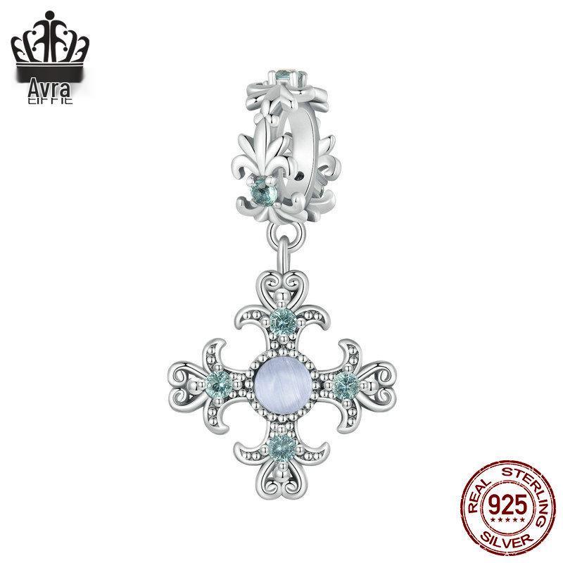Retro Iris Cross Pendant in S925 Sterling Silver with Platinum-Plated Beads for DIY Jewelry