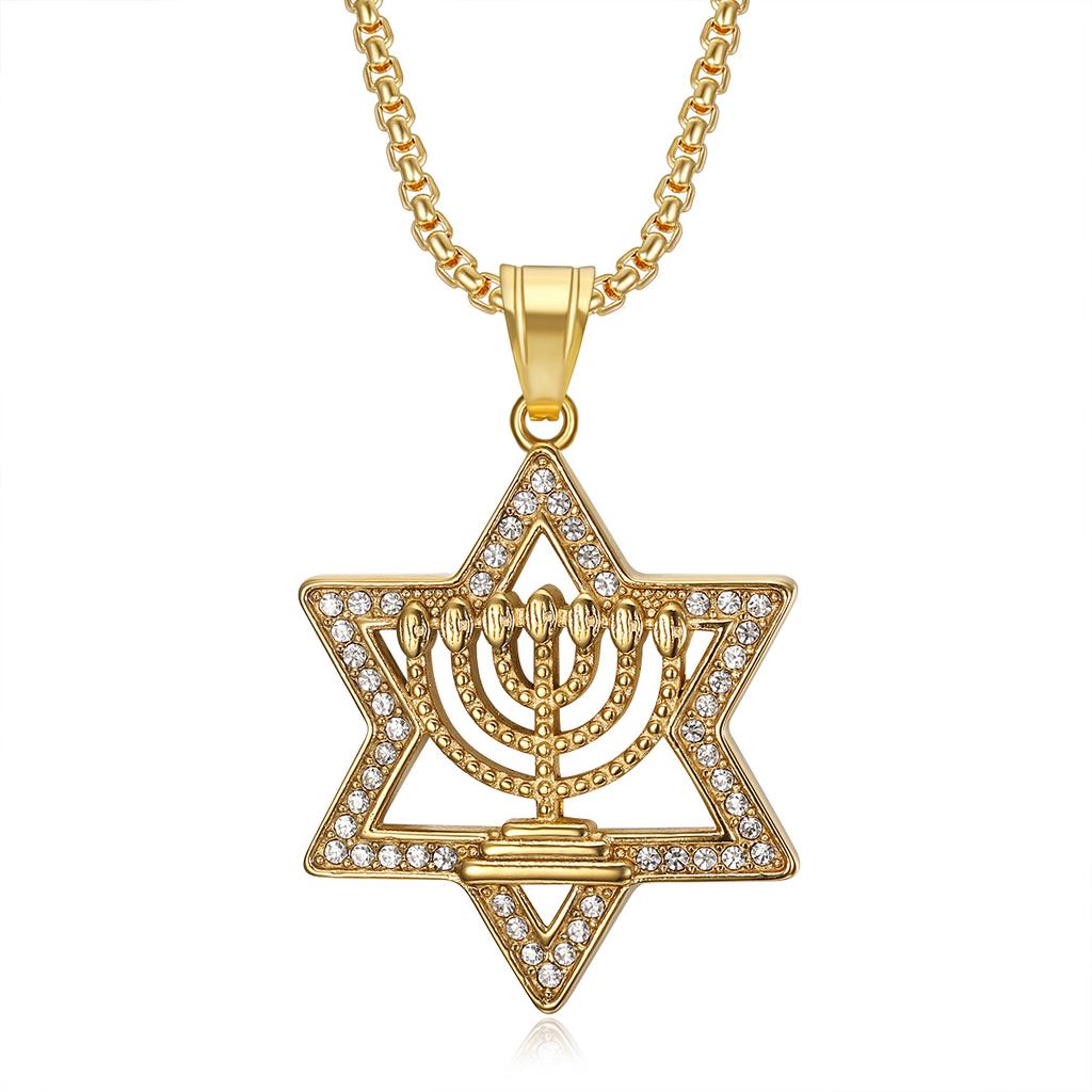 Middle Eastern Hip-Hop New Style Titanium Steel Gold-Plated Diamond-Studded Star of David Pendant Men's Hexagram Necklace