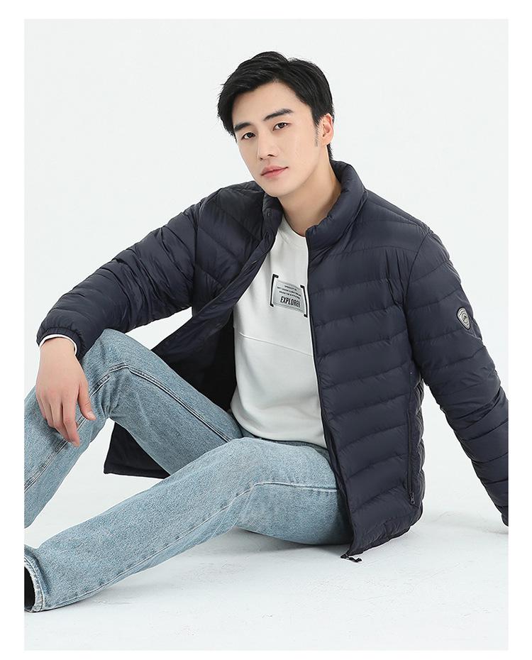Men's Lightweight Stand Collar Down Jacket - Warm Short Ribbed Style for Autumn/Winter.