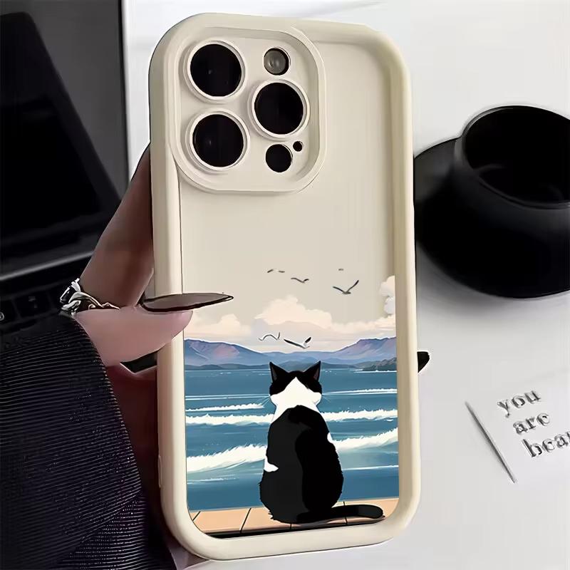 Case For Samsung Galaxy S25 Ultra S24 S23 S22 S21 S20 FE S21 Plus A55 A54 A35 A15 Cute Cat Watching The Sea Phone Cover