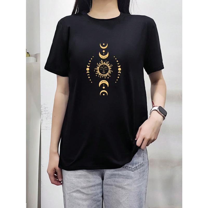 Damen Sommer Sonne & Mond Grafikdruck T-Shirt Rundhalsausschnitt Kurze Ärmel Lockerer Schnitt Lässig Vielseitig Alltags-Oberteil