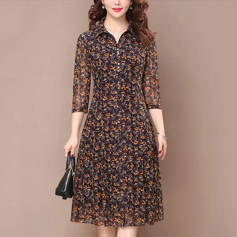

Женские летние эластичные платья с цветочным принтом, платья с рукавом семь восьмых для мамы среднего возраста 5XL