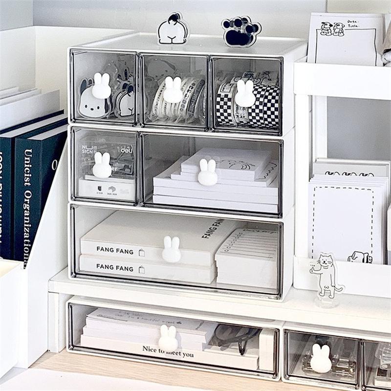 Caja de Cajones Combinada con Asa de Conejo Organizador de Papelería de Escritorio Cajón Multicompartimento Gabinete para Lápices