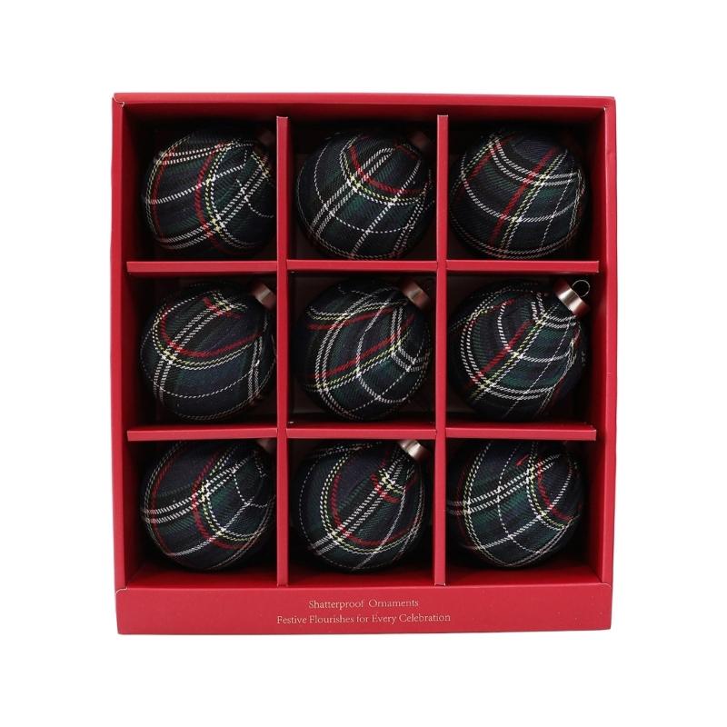 Stoffummantelte Weihnachtskugel-Ornament, 9 Stück karierte Kugeln Hängedekoration Set für Baumschmuck und Feiertagsdekorationen