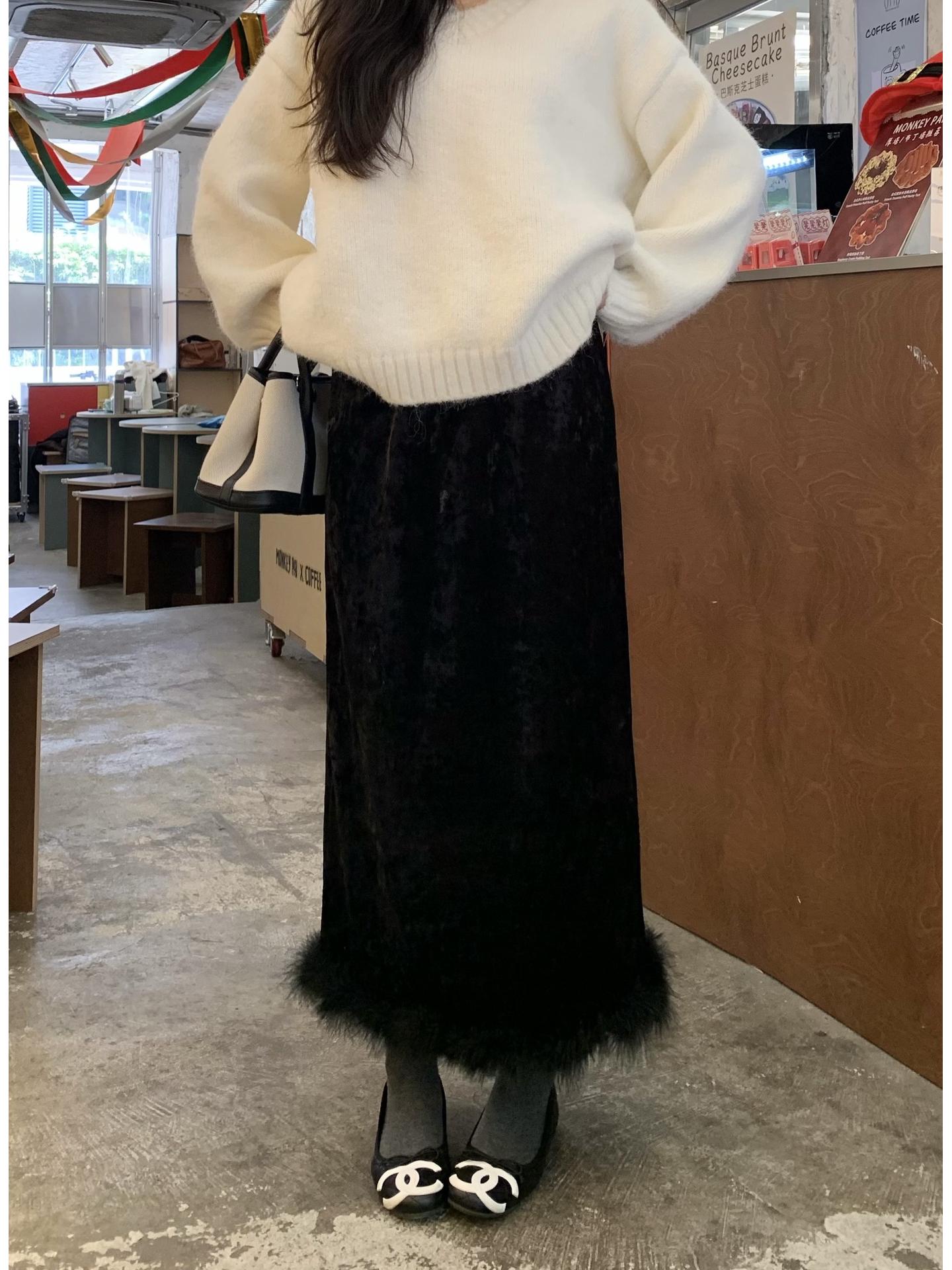 2025 Winter High-End Korean Style Black Velvet Fur Mini Skirt Large чёрный