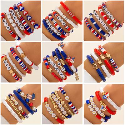 Independence Day Color Soft Pottery Beaded Letter Bracelet Set Elastic Star Banner Contrasting Color Hand Jewelry Women's