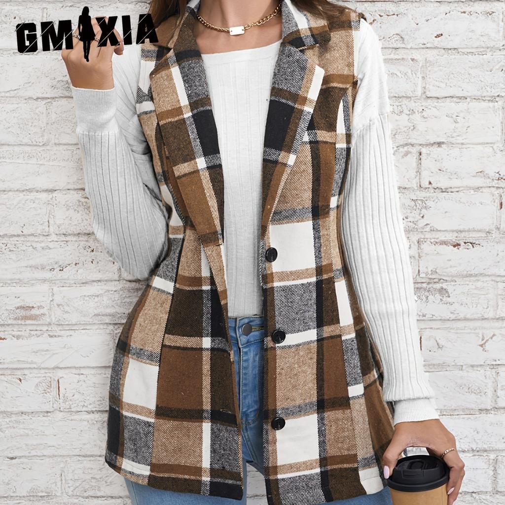 GMXIA Women's Vintage Casual Plaid Print Autumn Winter Sleeveless POLO Neck Jackets & Coats