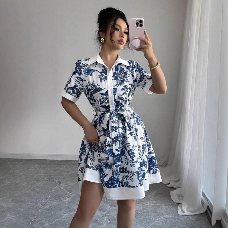 

New Arrival European and American Women s Clothing Summer Print Shoelace Waist-Tight Single-Breasted Dress 105562 Blue XL