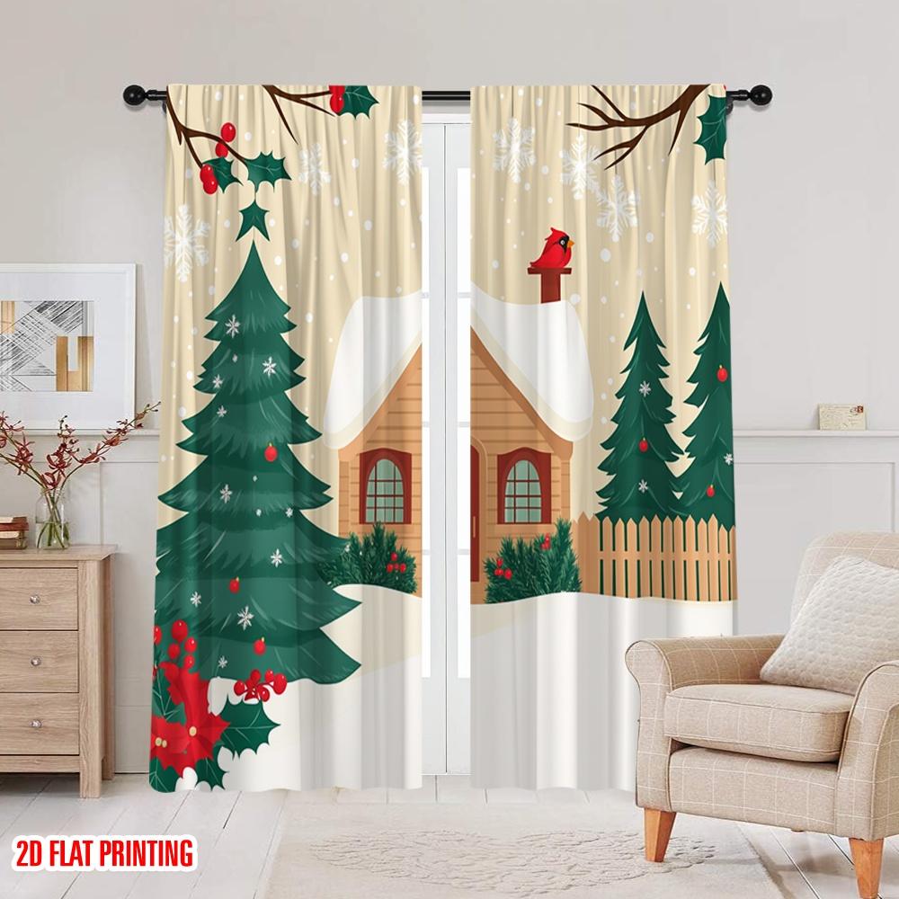 2 Stück, 2D-Flachdruck Kreative Vorhänge Weihnachtshütte Schneeflocken Kardinal (4) Vielseitig 100% Polyester (ohne Stange) Zuhause