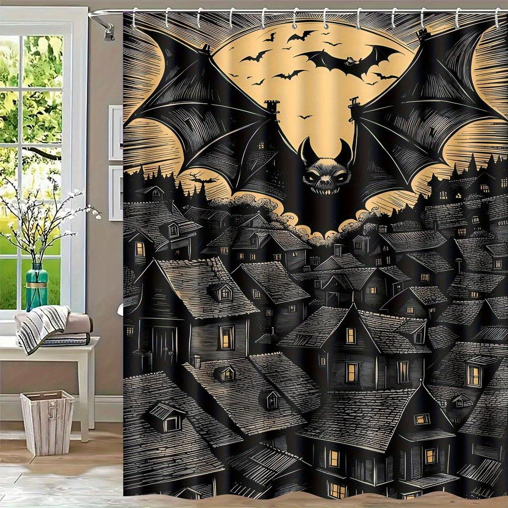 1pc, Simple, Bat Pattern Shower Curtain- Elegant Natural Design for Every Scene Including 12 Hooks, Polyester Fabric for Easy