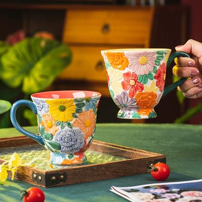 Colorful Relief Ceramic Mug 600ml Large Capacity Coffee Cup Beautyful Floral Retro Mug with Handle, Safe for Microwave Oven,easy To Clean,1pc