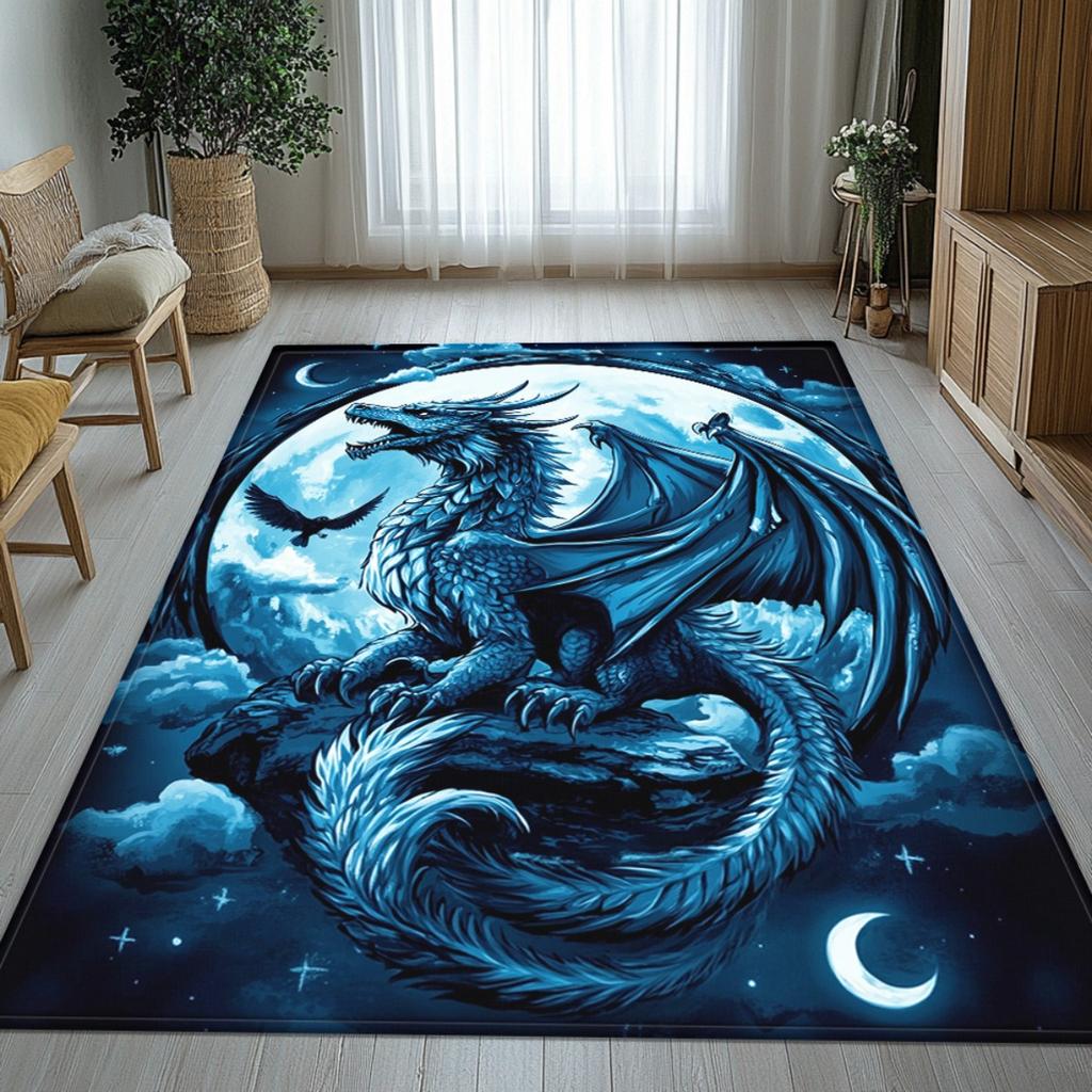 Blue Dragon Moon Sky Fantasy Rug Crystal Velvet Carpet Living Room Decor Artistic Design Soft Floor Mat Home Decoration Fantasy