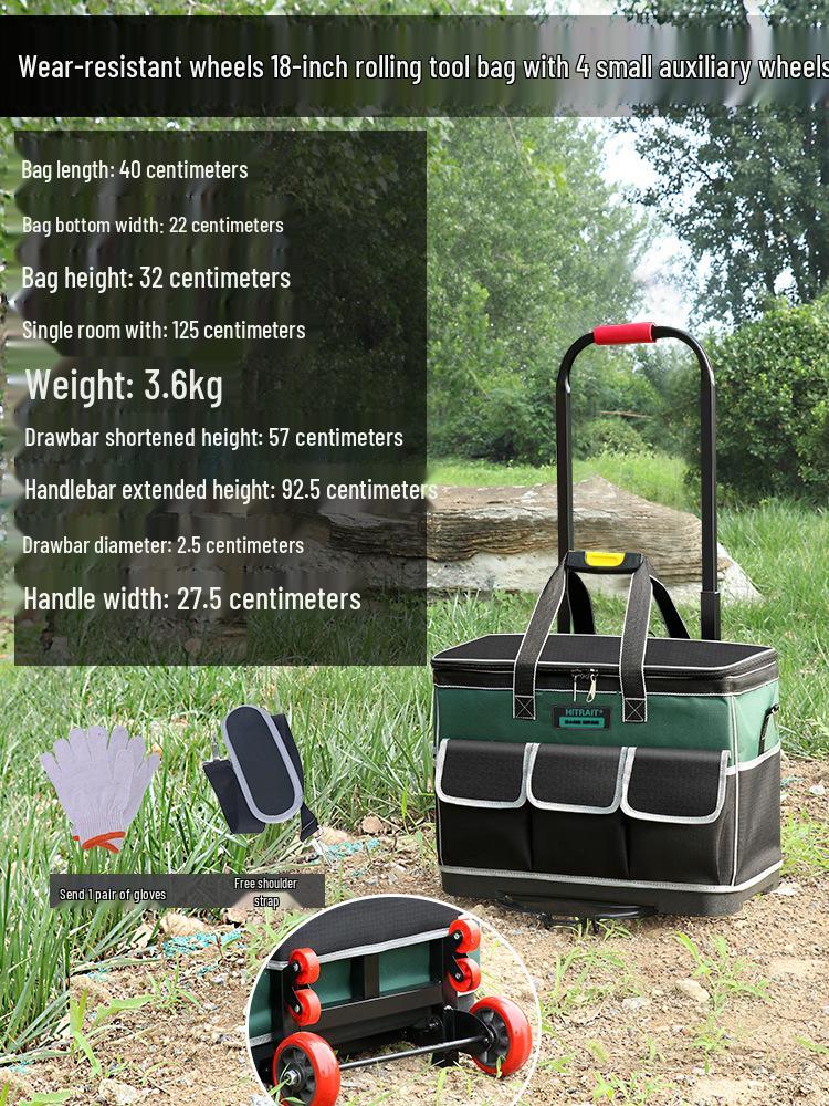Telescopic Handle Tool Bag with Wheels: Large Capacity, Durable Square Storage for Electricians & Carpenters