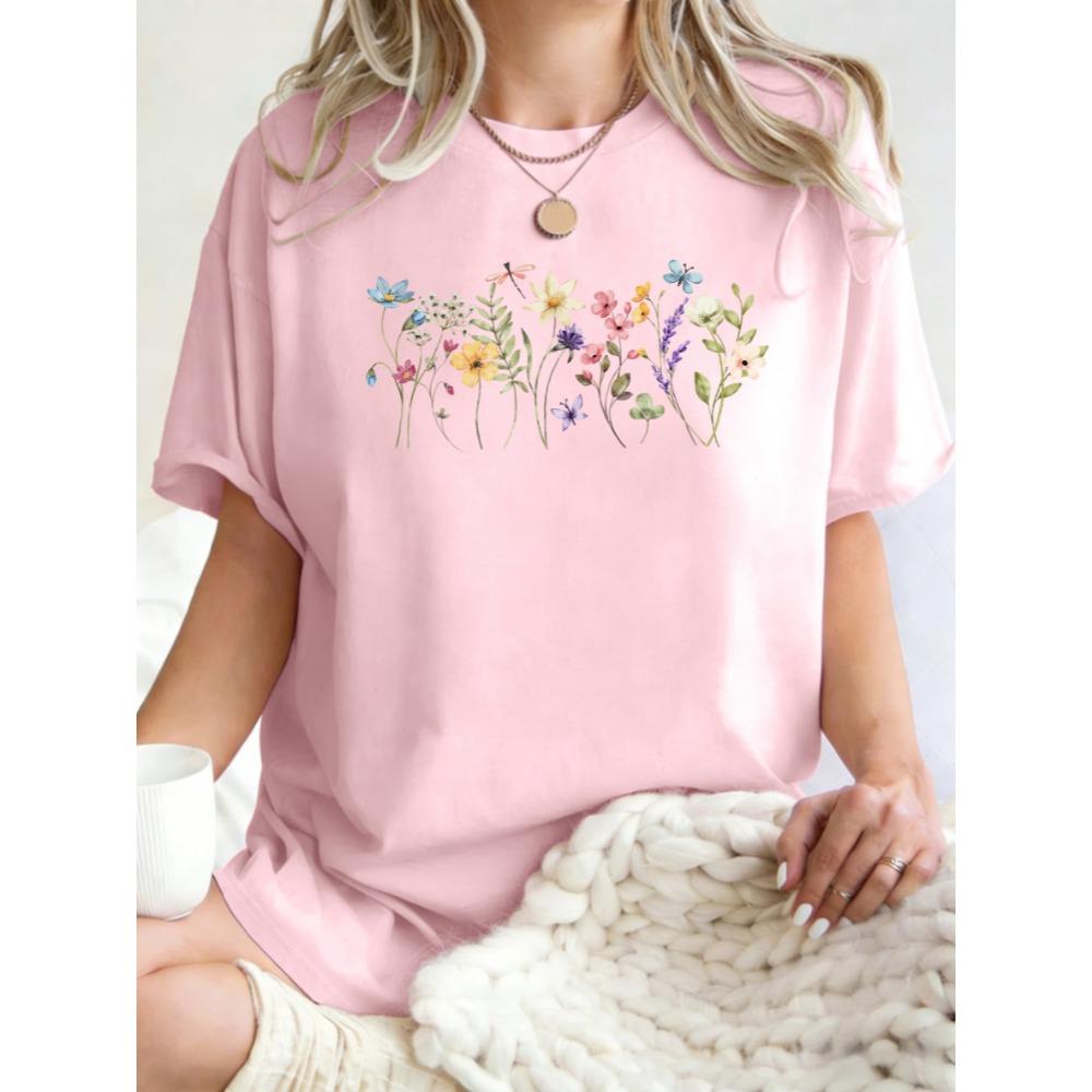 Beautiful Flowers Butterflies Dragonflies Print Women T-Shirt Y2K O-Neck T Shirts Loose Clothes Cotton Summer Streetwear