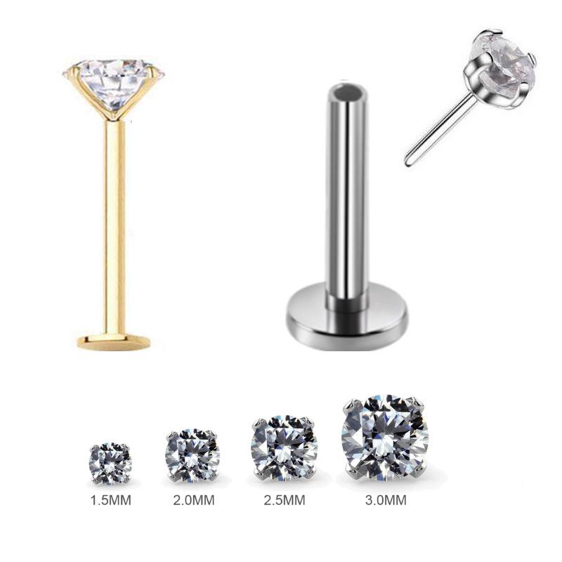 

Stainless Steel Zirconia Stud Lip & Tragus Piercing Bar 0.8-1.2mm, 1.5-4mm Helix Pin Silver