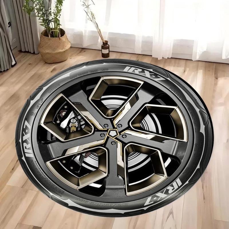 Autofelge Goldakzent Design Teppichmatte Anti-Rutsch Gummirückseite Teppich Metallisches Finish für Garage Heimdekoration Sportlicher Stil