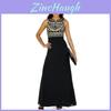 Elegant Women Round Neck Sleeveless Geometric Print Chiffon Dress Long Floor Length Stylish Casual Attire