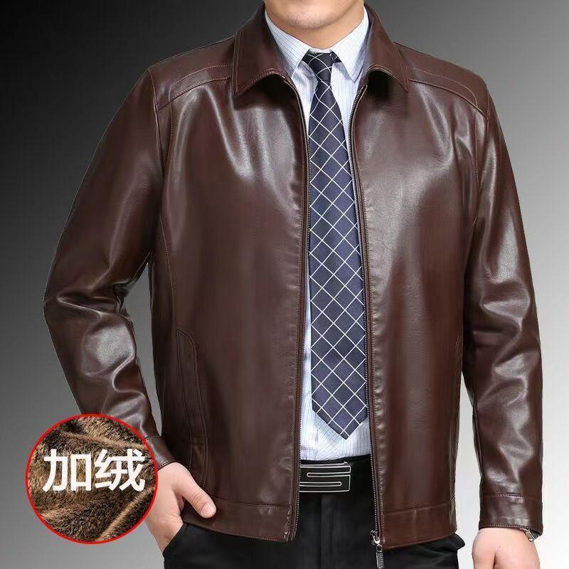 

Pu Leather Jacket Men s Middle-aged Men s Fleece Thickened Leather Jacket Casual Lapel Collar Spring Autumn and Winter Coat 190