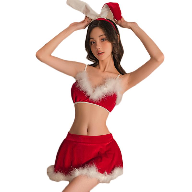 Sexy Christmas Bunny Girl Lingerie Set: Passionate Three-Piece with Fluffy Bra and Short Skirt