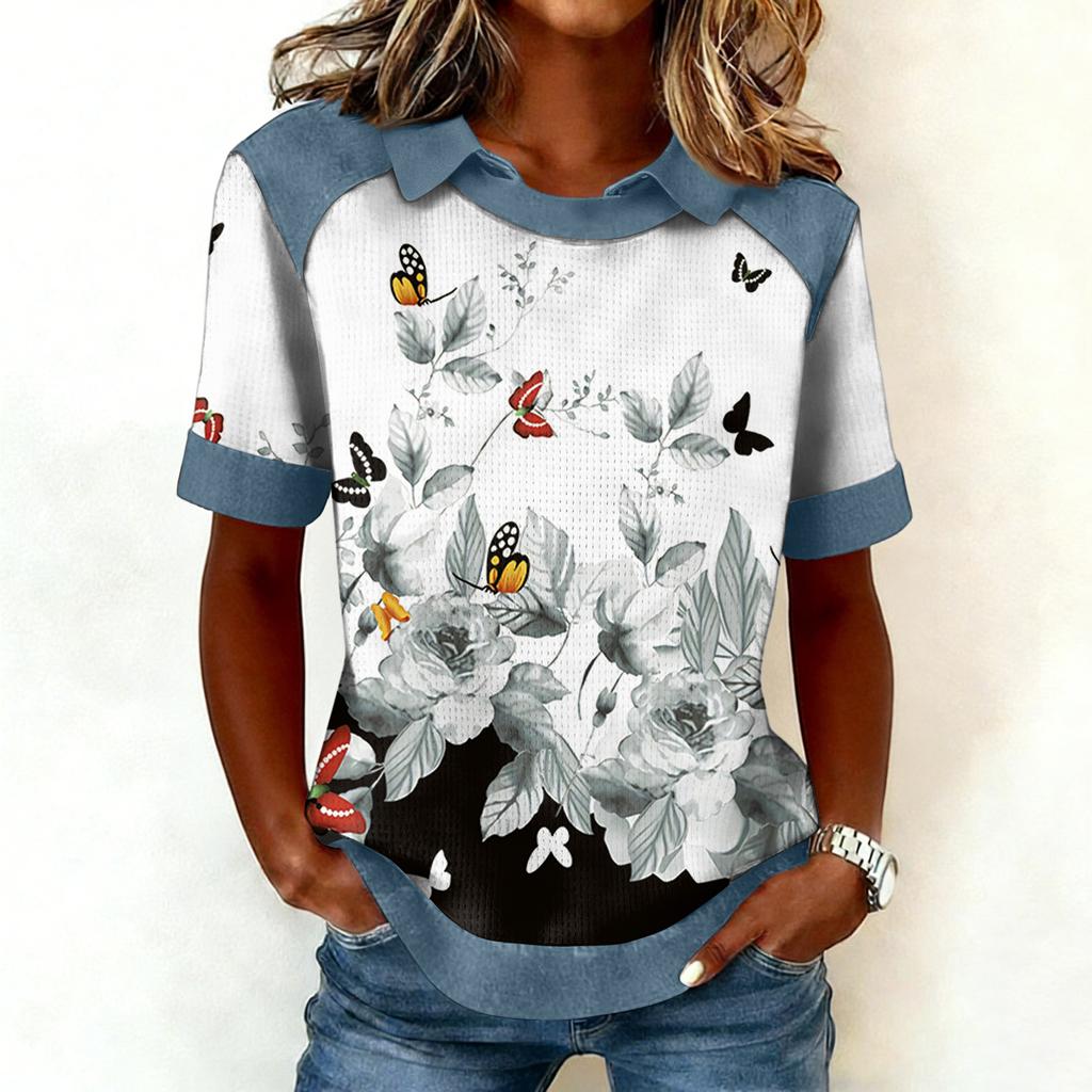 Women's Fashion Collar Cowboy Splicing Sweatshirt Casual Printed Hoodie Short Sleeve Shirt Top
