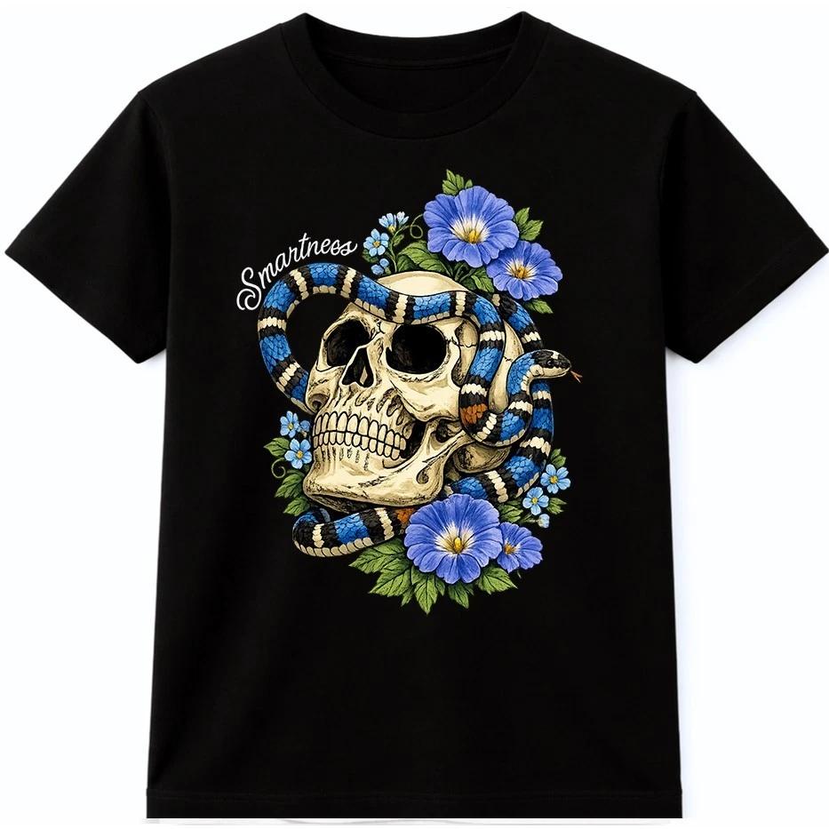Gothic Skull Snake T Shirt Floral Tattoo Dark Streetwear Graphic Tee M