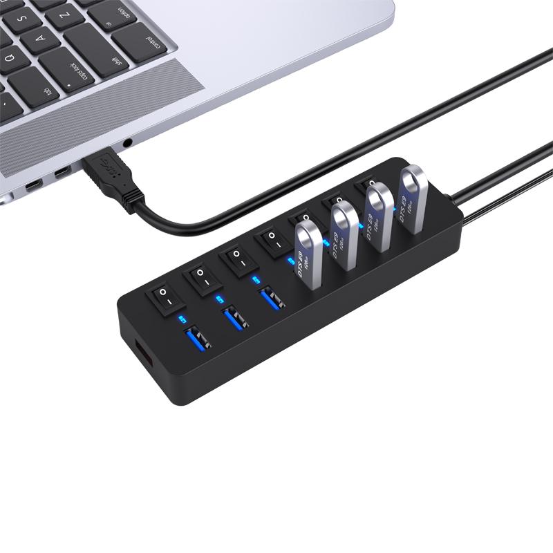 USB Hub 3.0 5Gbps Data Transfer 7 Ports 12W Charging 5V/3A Power Adapter 4Ft Long Cable Individual Switches in Stock