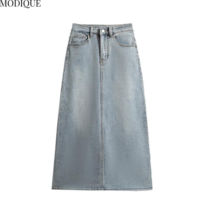 MODIQUE 2025 Neu Übergröße Sommer Damen Lässig A-Linie Hohe Taille Hüftumspielend Blau Denim Auswaschung Rock Damen Locker Basic MIDI Kleid