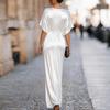 Women's Fashion Round Neck Short Sleeve Long Dress Satin Fabric Elegant Evening Gown Casual Loose Fit Full Length Maxi Dress
