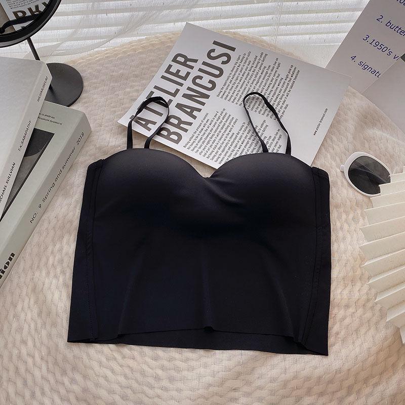 Ice silk beauty back underwear fixed integrated cup with chest pad with small suspender adjustable shoulder strap girl tube top tube top type