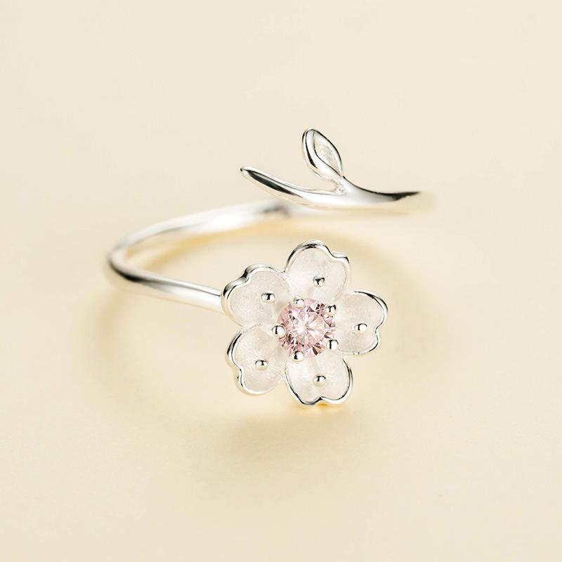New Arrivals 925 Silver Rings for Women Adjustable Size Ring Pink Zircon Cherry Blossom Ring