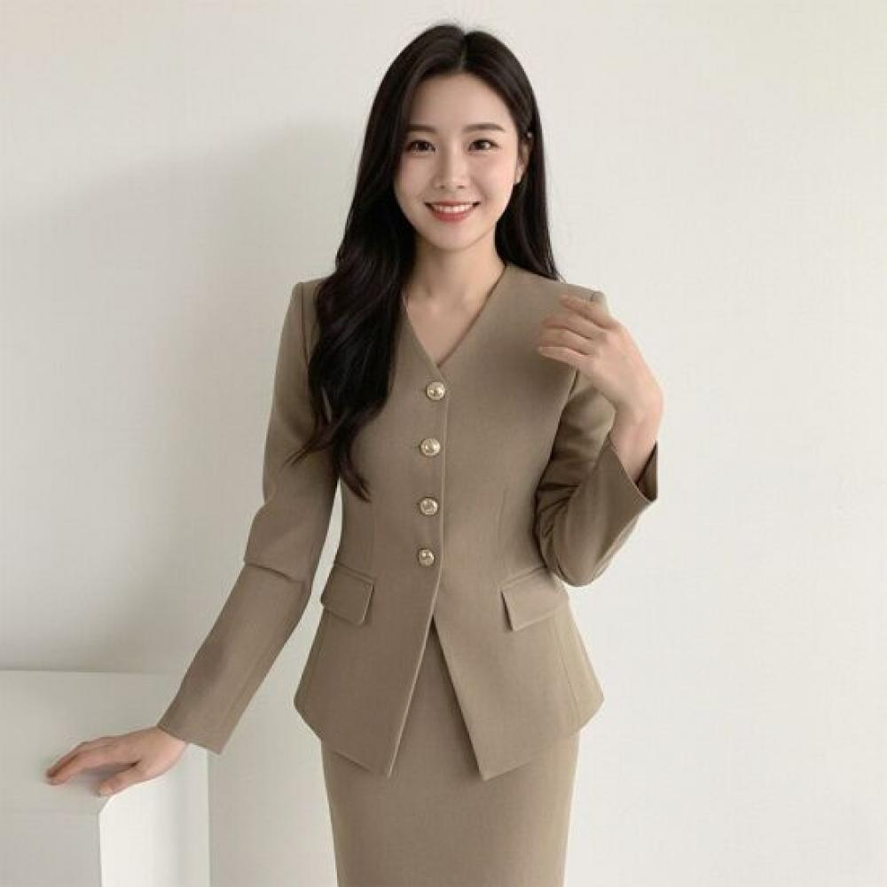 Style Latte Women V Neck No Collar Single Jacket Gold Button Slim Stretch Jacket