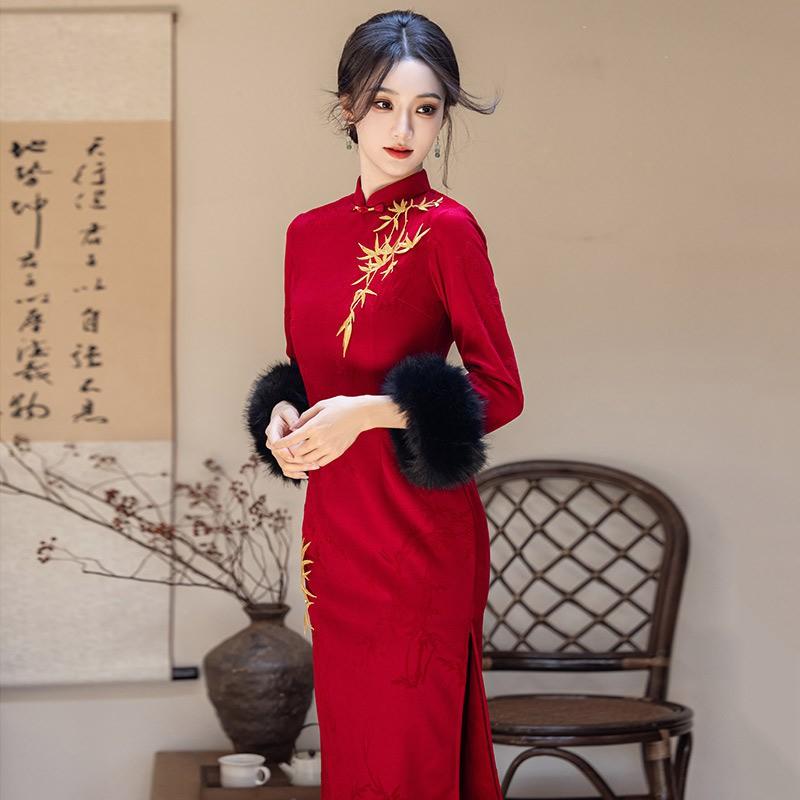 Womens Long Sleeve Winter Cheongsam Dress Red Beige Chenille Jacquard Warm Lined Vintage Style Full Length