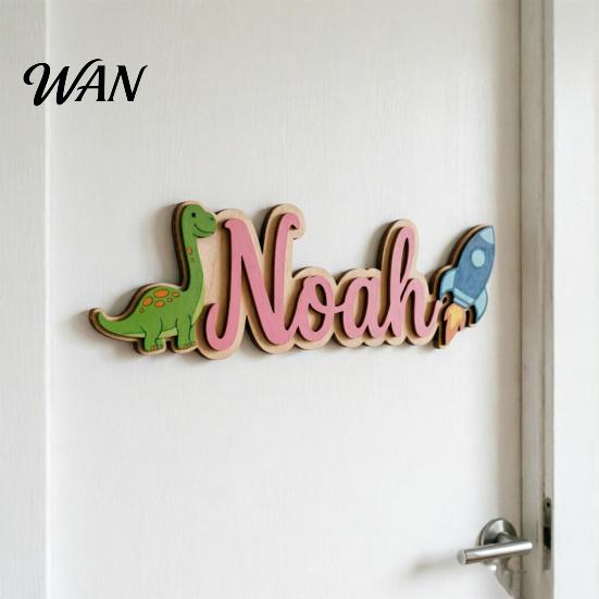 Soft Color Kids Door Decor Personalized Name Sign Dinosaur Rocket Wooden for Boys For Custom Nursery Hanging Wall Bedroom Playroom