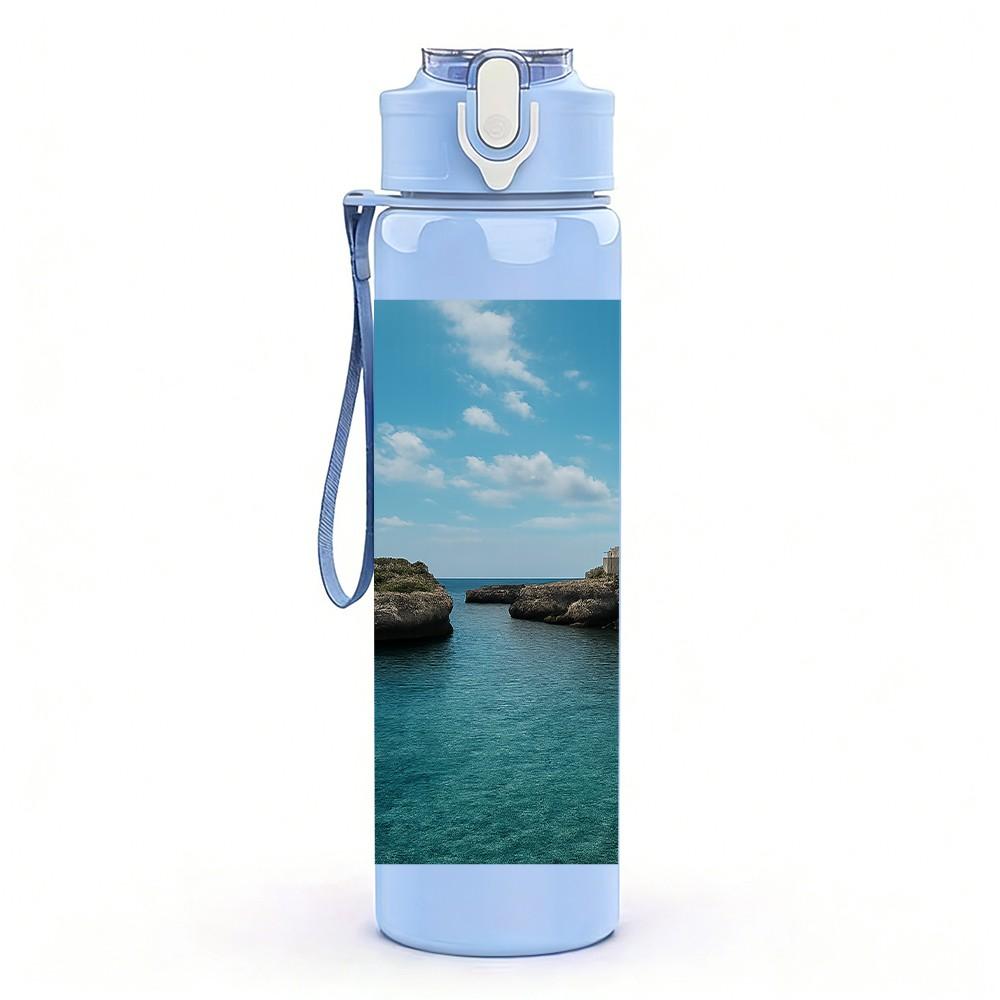 1PC Sea Cliff Blue Ocean Landscape Print 750ml Color Plastic Sports Water Bottle Leakproof Flip Straw Lid Suitable for Sports Office Home Use
