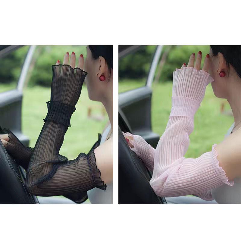 Women's Fairy Pleated Ice Silk Sun Protection Sleeves - Thin Lace Cycling Gloves