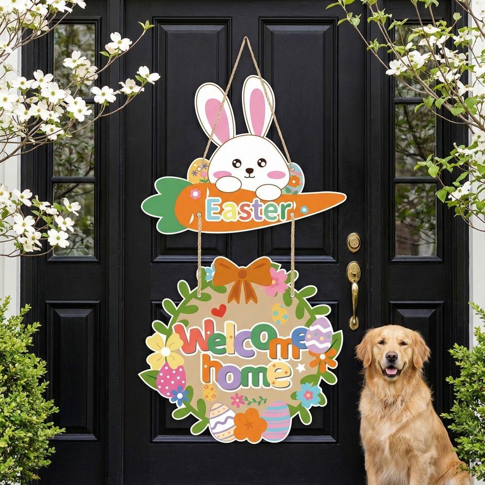 Cartoon Easter Welcome Sign Paper Bunny Egg Decor Easter Hanging Ornament  Party Decoration