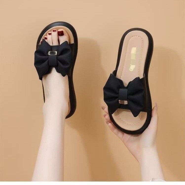 Flat-bottomed Outer Slippers, Summer Thick-bottomed New Year's New Bows, Light Fairy Style One-word Drag