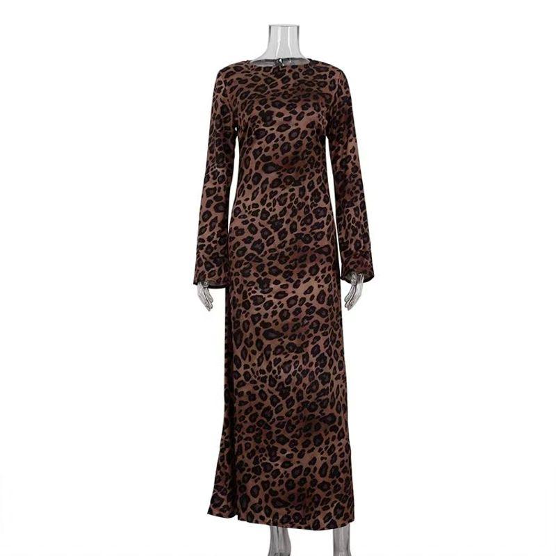 

Fashion Style New Arrival round Neck Dress Leopard Print Print High Waist Silm Dress Leopard Print Dress Brown L