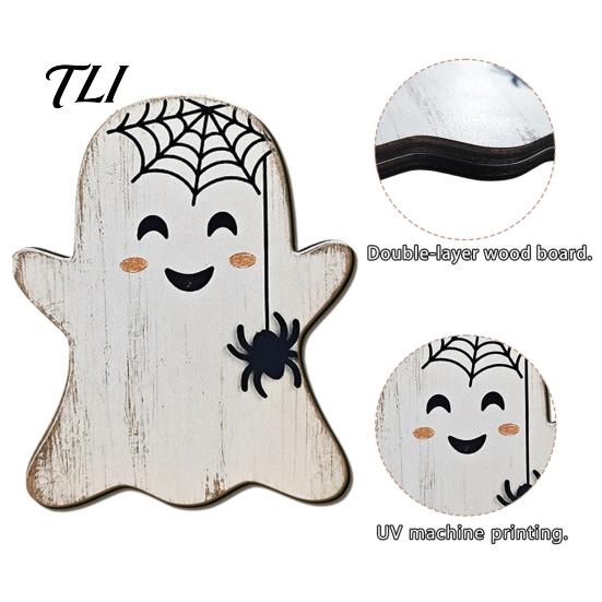 Halloween Living Room Table Decorations Wooden Tabletop Decorative Plaque, Rustic Distressed Wood Art Sign, Cute Autumn Home Accents Ghost Patterns
