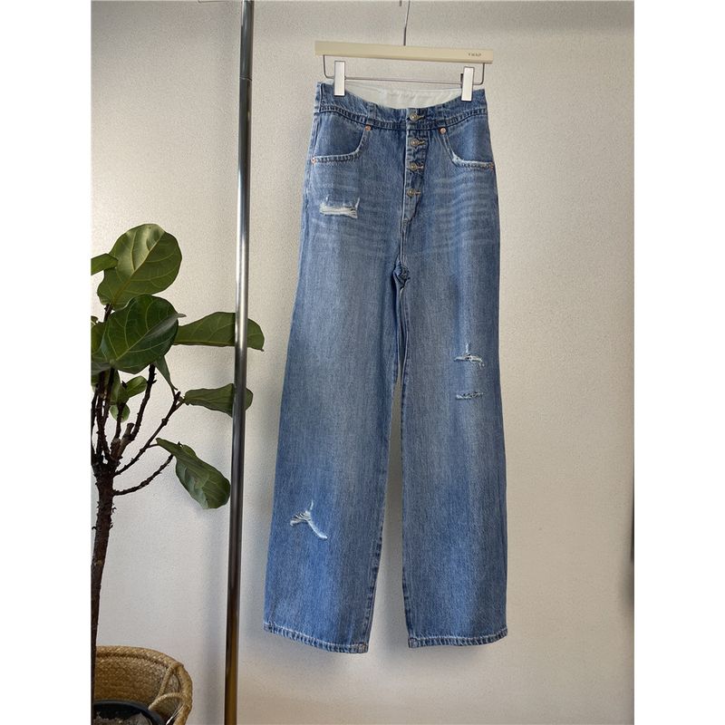

Fashion Series M/6 King Fried! Spring and Summer Thin Ripped High Waist Breasted Loose Straight-leg Mop Denim Women s Trousers Light blue S