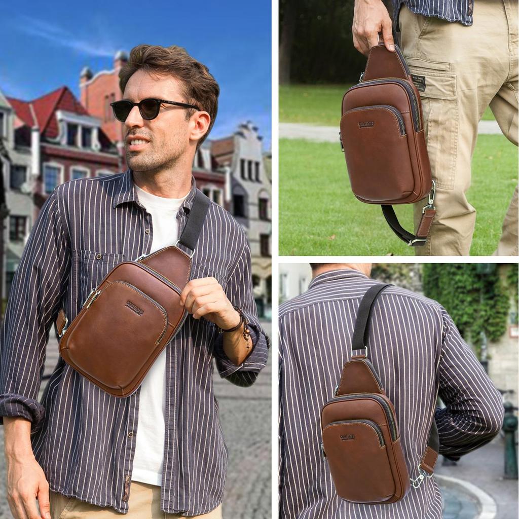 CONTACT'S  Genuine Leather Chest Bag Casual Crossbody Bag Travel Shoulder Backpack Men's Leather Multifunctional Bag