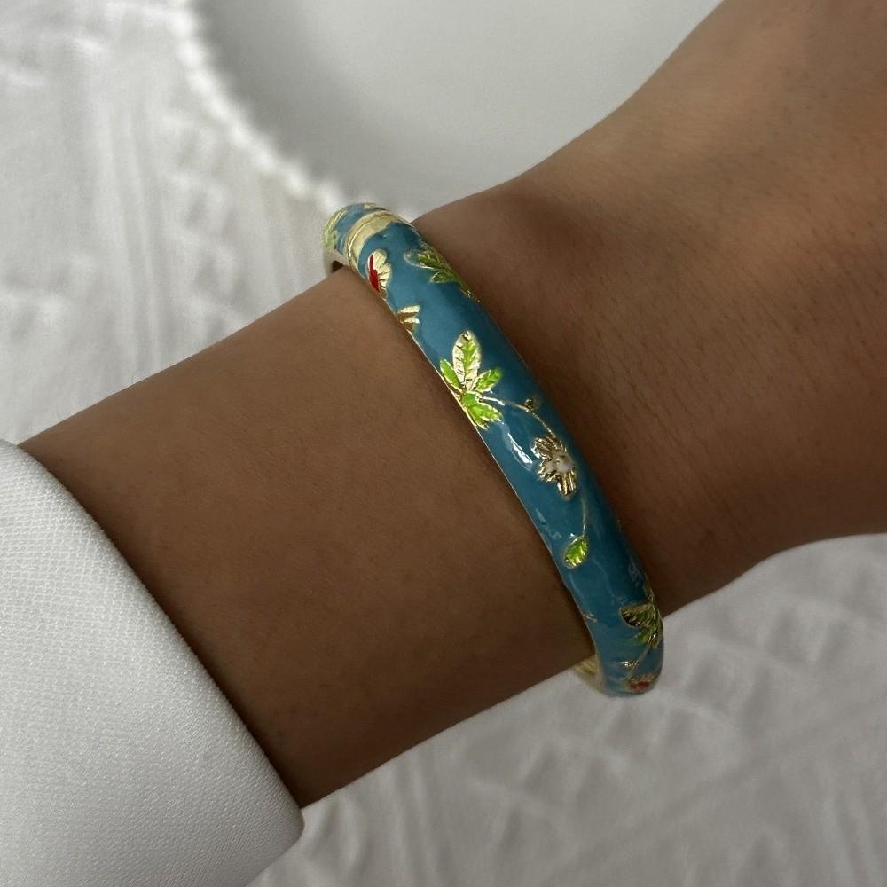 Zircon Floral Bangle Ethnic Style Cloisonne Bangle Retro Enamel Flower Bracelet Jewelry