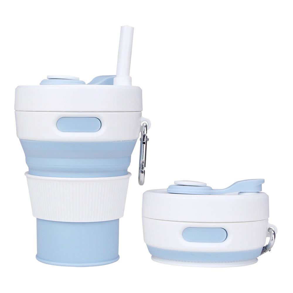 450ml Silicone Folding Straw Cup Space Saving High Temperature Resistant Retractable Cup with Buckle Leakproof Collapsible Cup