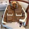 Winter PU Leather Jacket Stand Collar Short Loose Fit Sporty Padded Coat for Women
