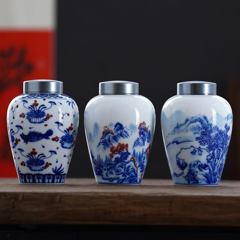 Creative Blue and White Porcelain Alloy Sealed Tea Jar Plant Landscape Ceramic Jar Moisture-proof Food Decorative Jar Home Decor