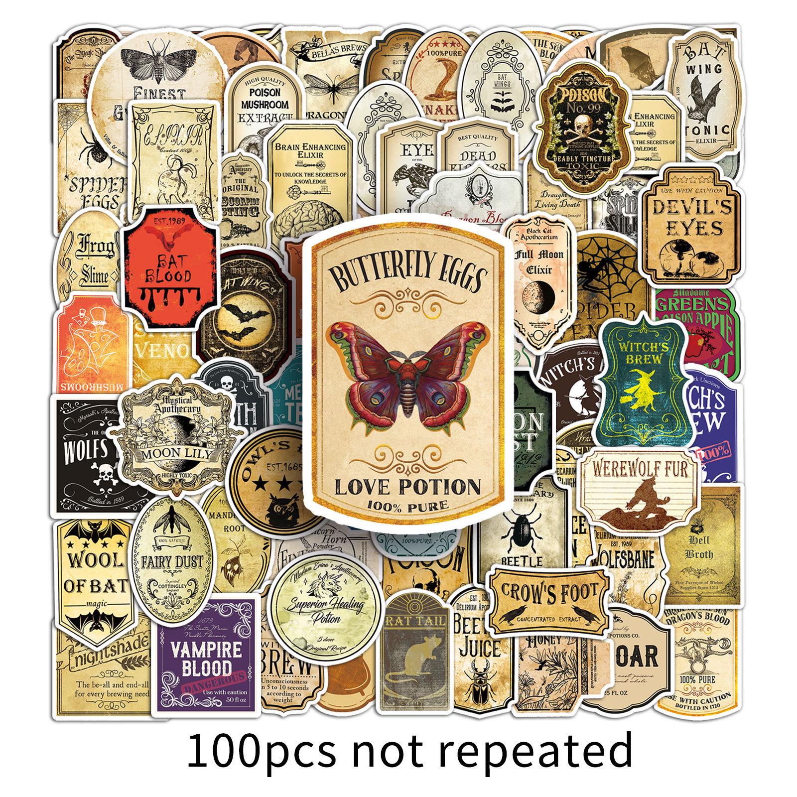 100 Potion Label Stickers - Personalized Cartoon Waterproof Decals for Journaling & DIY Stationery