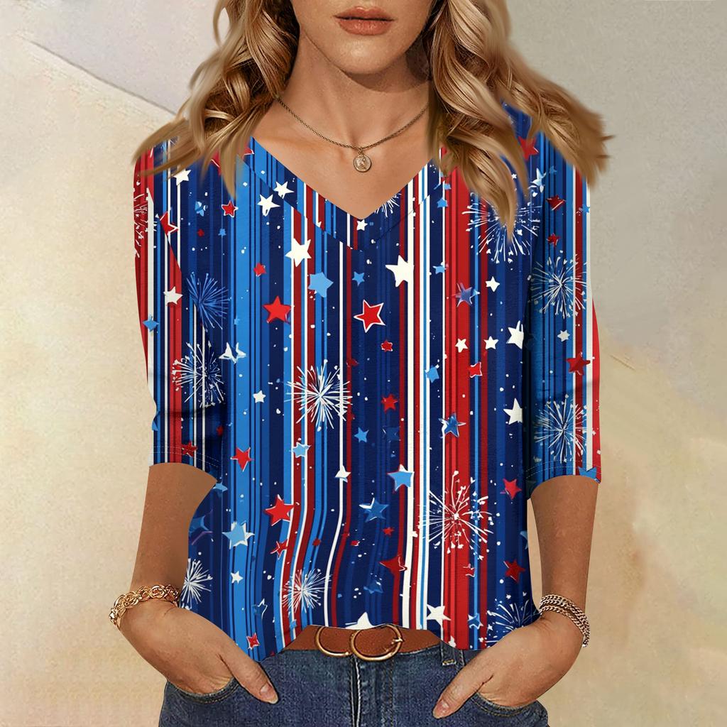 Women's Fashionable Casual Independence Day American Flag and Stars Print V-Neck Three-Quarter Sleeve T-Shirt Top