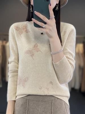 Butterfly Rhinestone Crew Neck Casual Spring Sweater for Women
